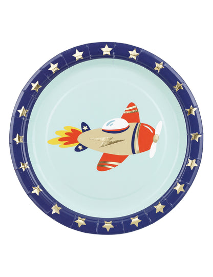 Assiettes en carton petit avion pour enfant bleu à étoiles dorées