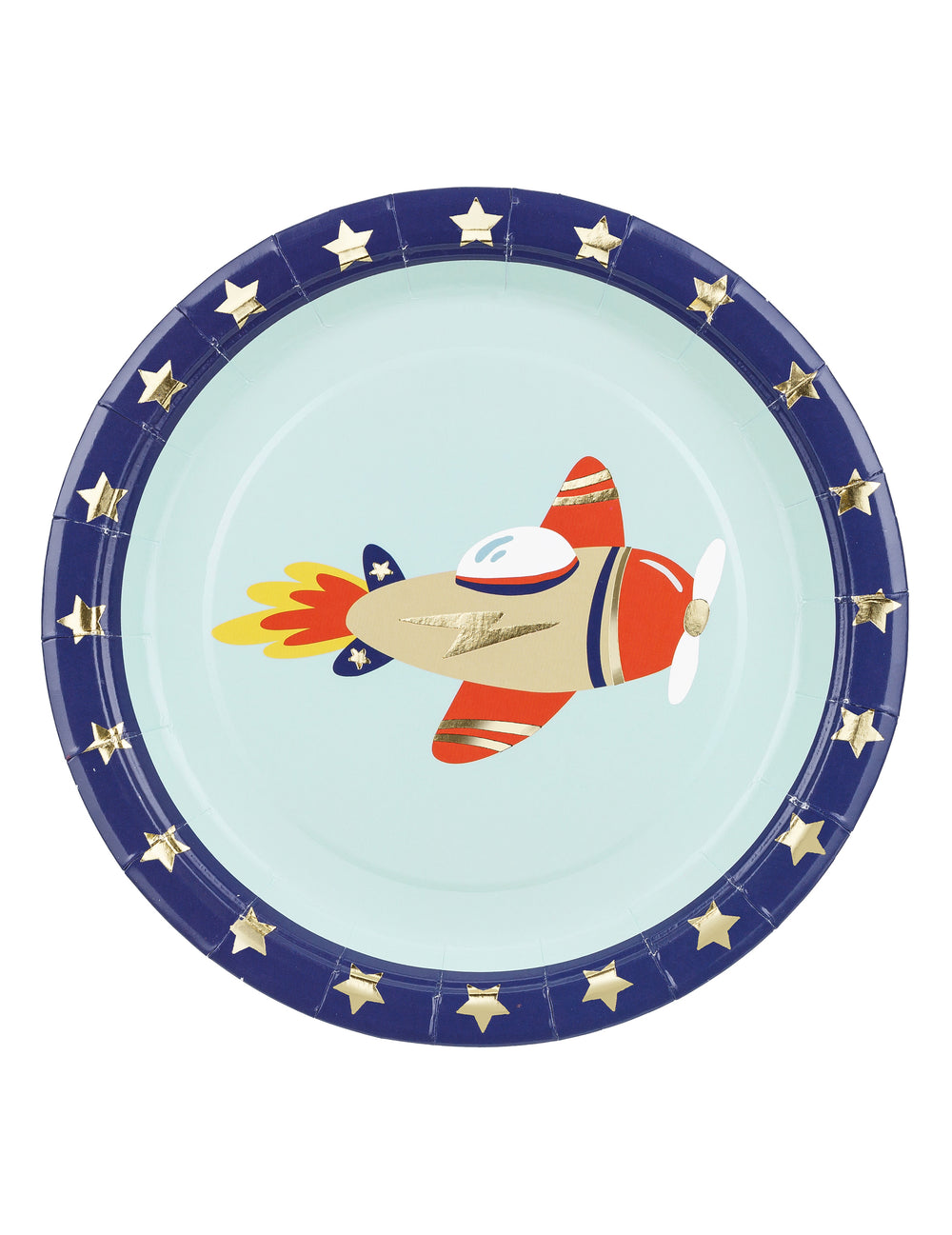 Assiettes en carton petit avion pour enfant bleu à étoiles dorées
