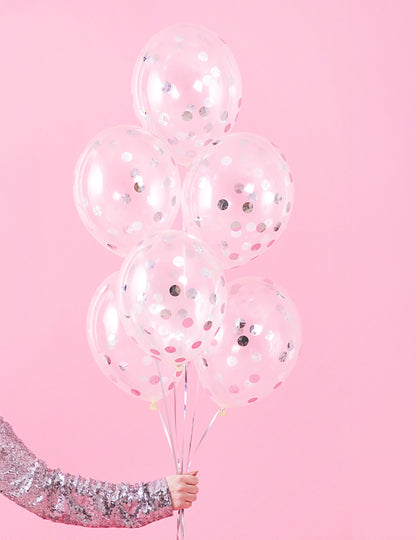 6 průhledných balónků se stříbrnými konfety 30 cm 