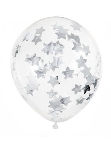 6 průhledných balónků s konfetami stříbrné hvězdy 30 cm 
