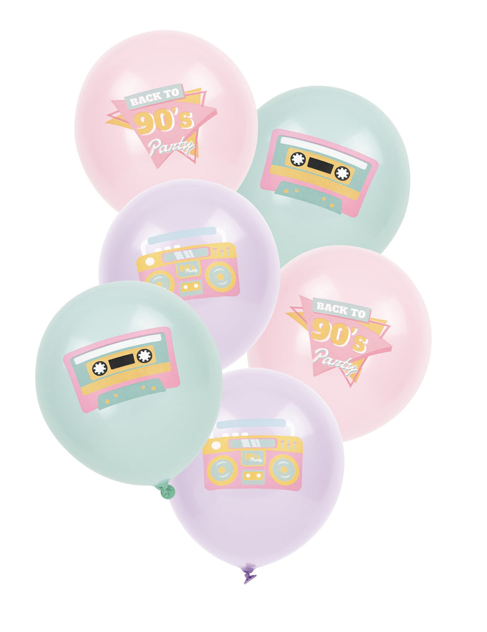 6 ballons en latex années 90 pour fête pastel avec motifs radio et cassette