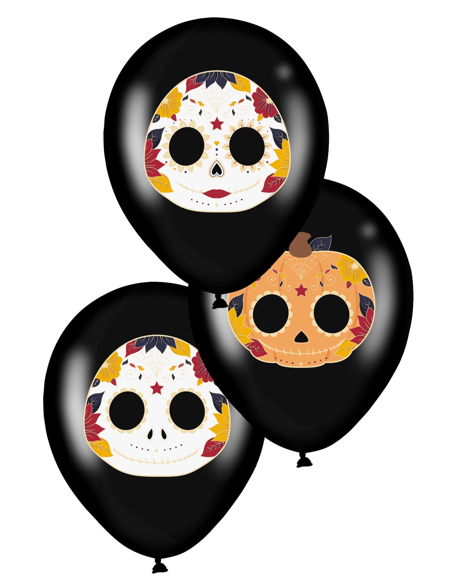 Ballons en latex Dia de los Muertos pour fête noirs avec motifs de têtes de mort fleuries
