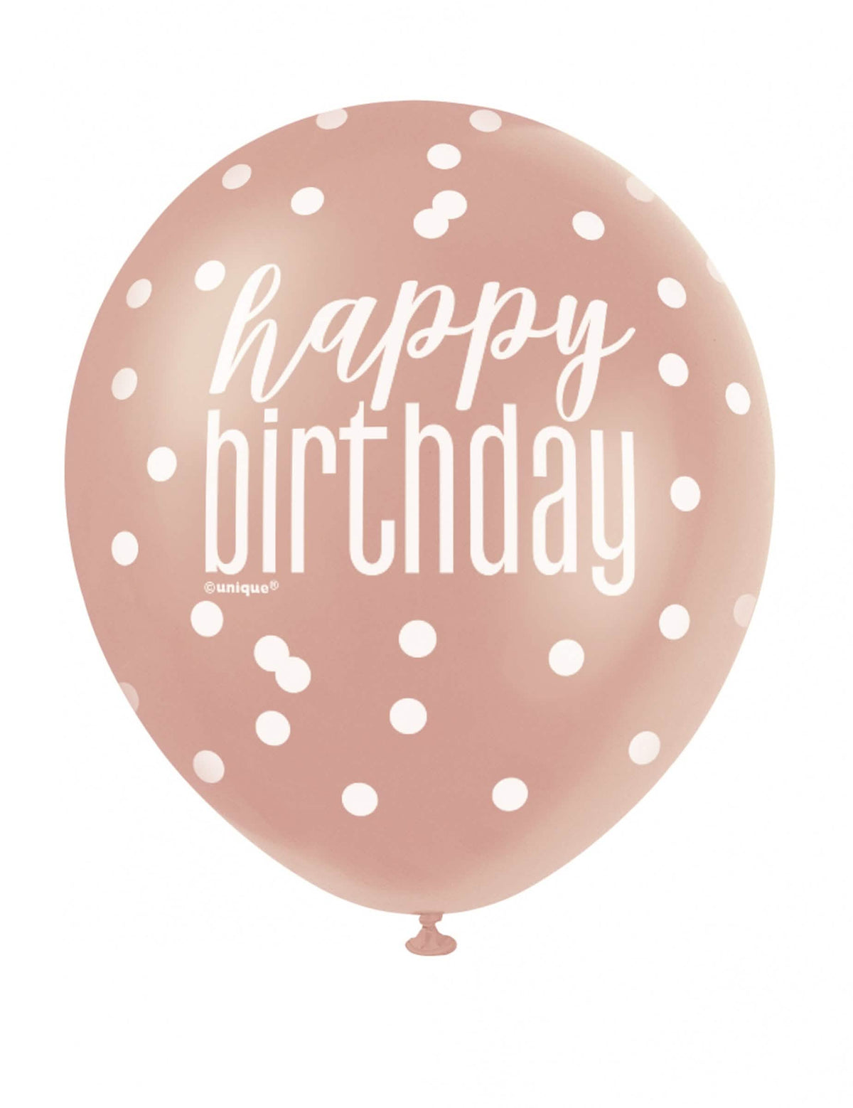 Pohled zepředu na latexový balón s nápisem happy birthday a puntíky k narozeninám
