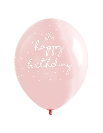 Ballons en latex Happy Birthday pour anniversaire roses à pois blancs