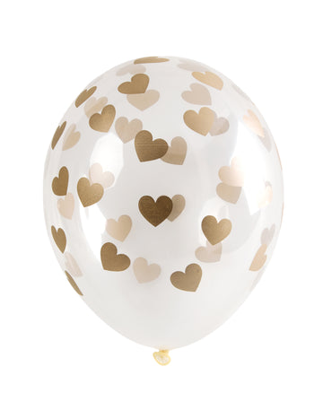 6 průhledných latexových balónků se zlatými srdíčky 30 cm