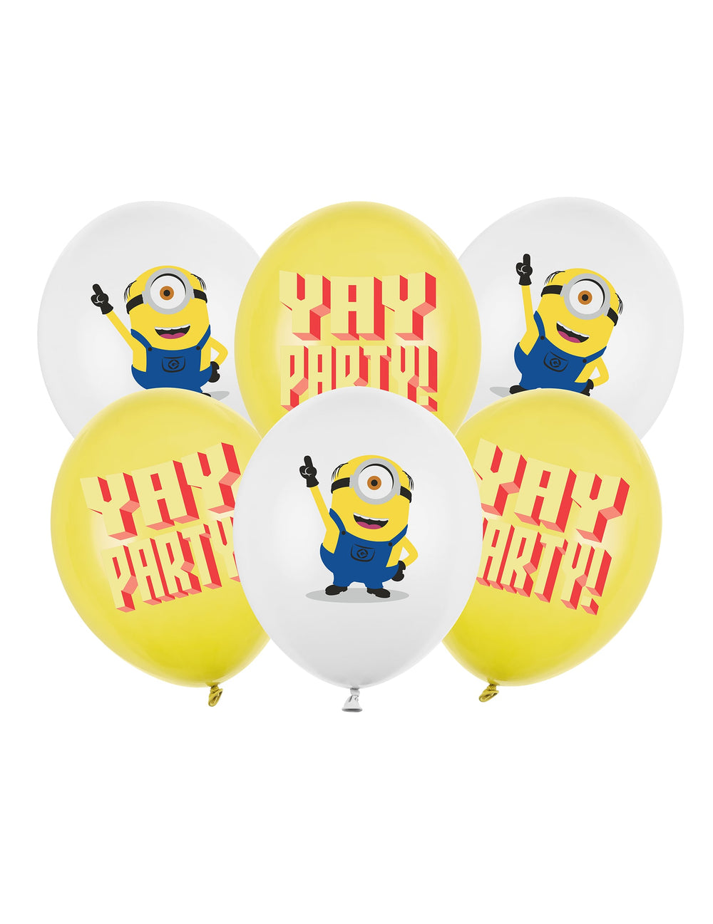 Ballons latex Minions pour fête jaunes et blancs avec message Yay Party
