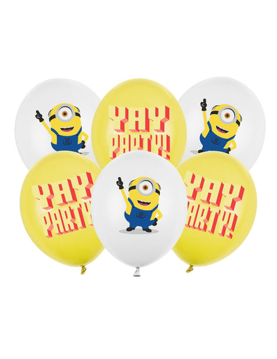 Ballons latex Minions pour fête jaunes et blancs avec message Yay Party