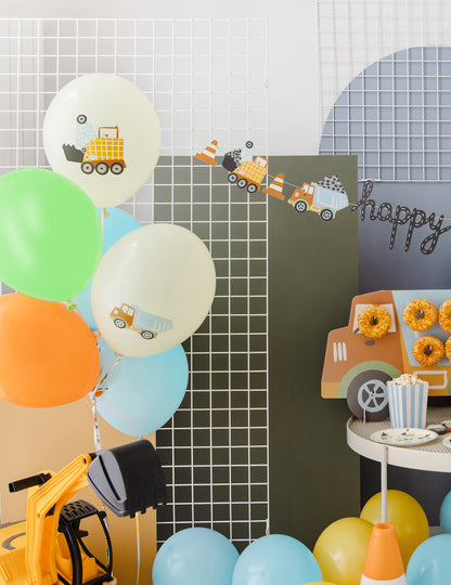 6 ballons latex véhicules de construction 30 cm