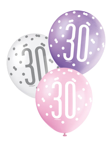 6 růžových, fialových a bílých balónků k 30. narozeninám
