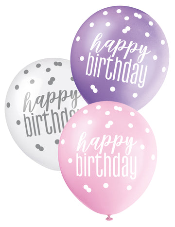 Ballons Happy Birthday pour anniversaire roses violets et blancs à pois