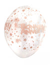 Ballons transparents Bonne Année pour fête rose gold avec étoiles et confettis