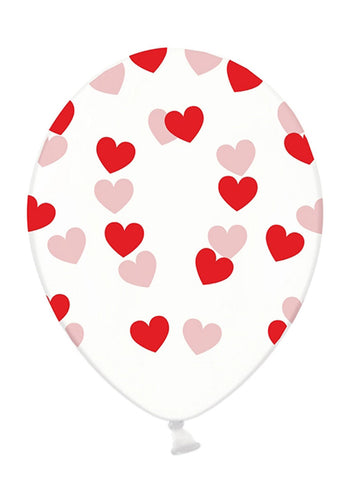 6 průhledných latexových balónků s červenými srdíčky 30 cm biologicky rozložitelných 