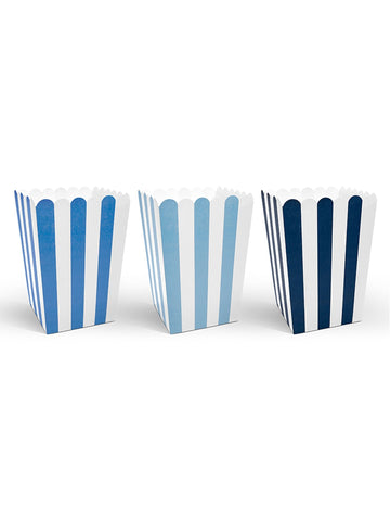 6 modrých popcornových krabiček s proužky 7,5 x 12 cm 