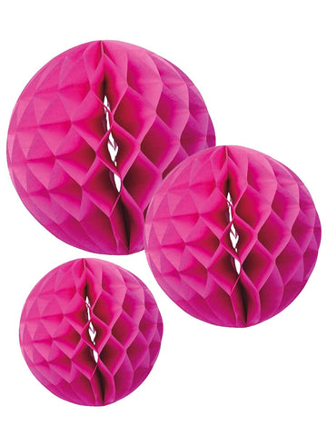 3 fuchsiově růžové papírové kuličky s motivem plástve o rozměrech 15, 20 a 25 cm