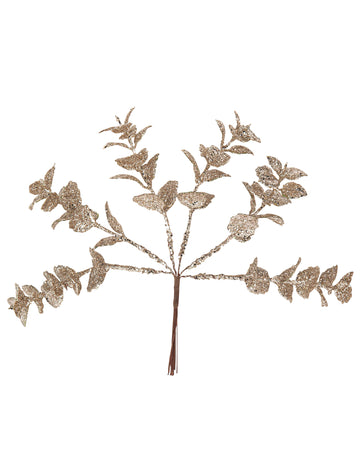 6 větviček eukalyptu s třpytkami v barvě šampaňského 17 cm 