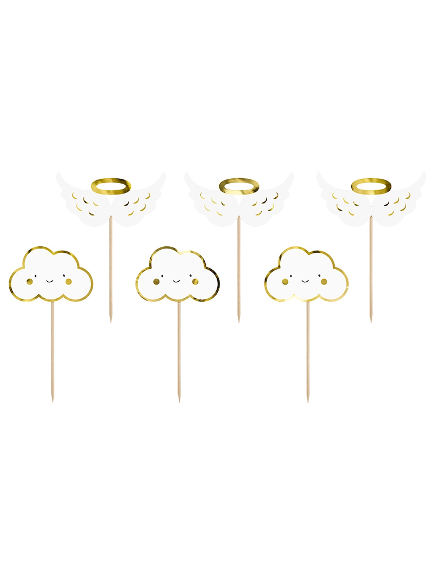 6 dřevěných dortových topperů mraky a metalická bílá a zlatá křídla 12.5 cm pro miminko