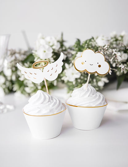 6 dřevěných dortových topperů mraky a metalická bílá a zlatá křídla 12.5 cm pro miminko