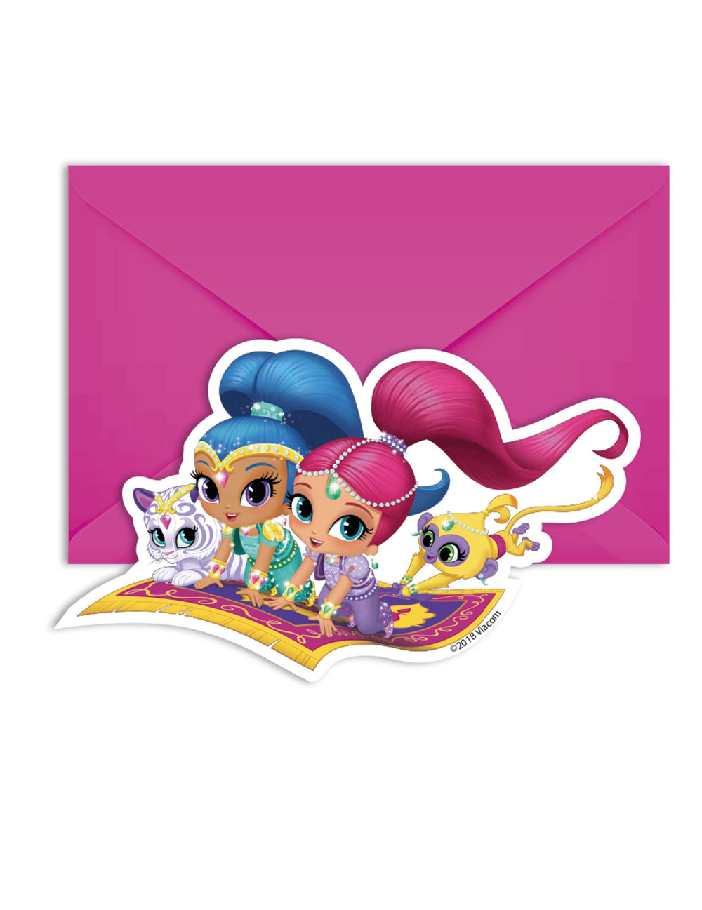Cartes d'invitation et enveloppes Shimmer and Shine pour enfant rose avec personnages sur tapis volant