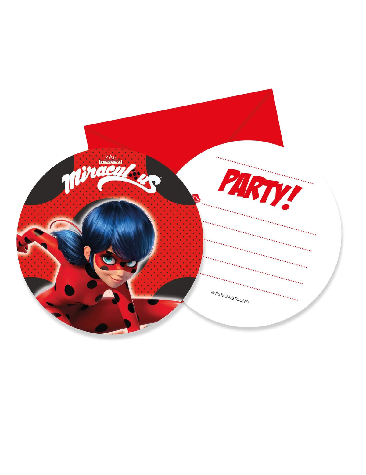 6 kartonů s pozvánkami a obálkami Miraculous Ladybug pro dítě červené