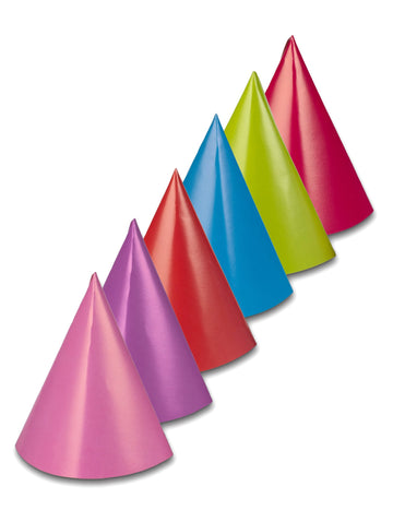 6 různých barevných kuželových párty klobouků