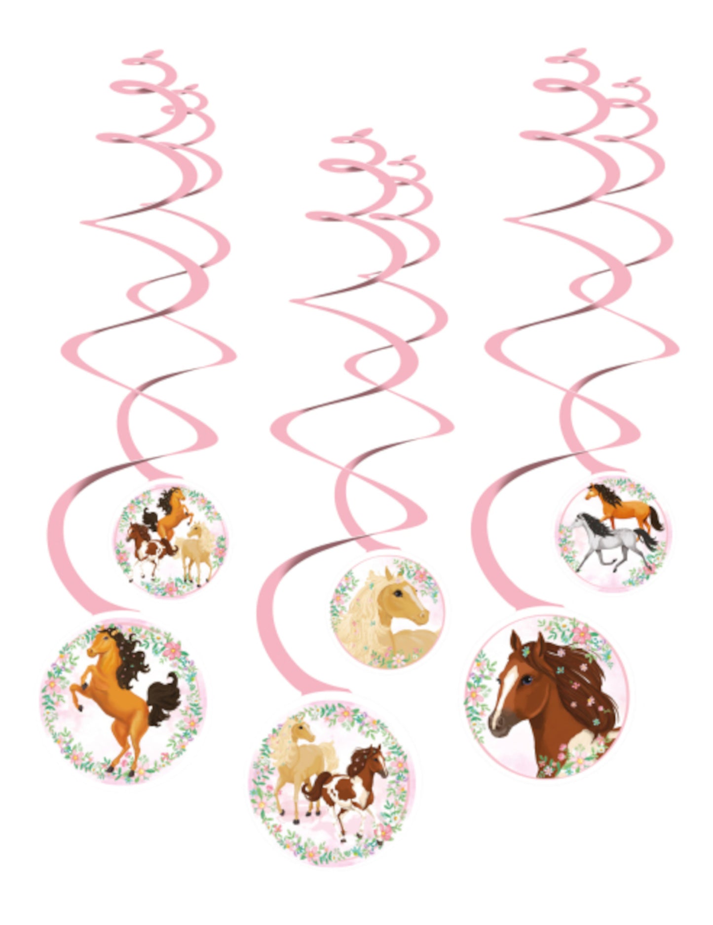 6 závěsných spirálových dekorací s krásným růžovým koněm na narozeniny 