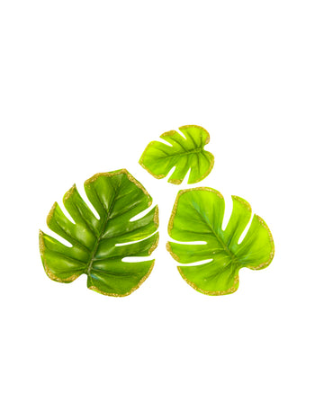 6 tropických listů s třpytivým okrajem 10 x 8 cm zelené a zlaté