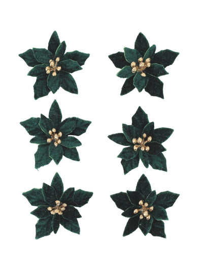 6 samolepicích květů vánoční hvězdy (poinsettia) tmavě zelený samet a zlato 5,5 cm