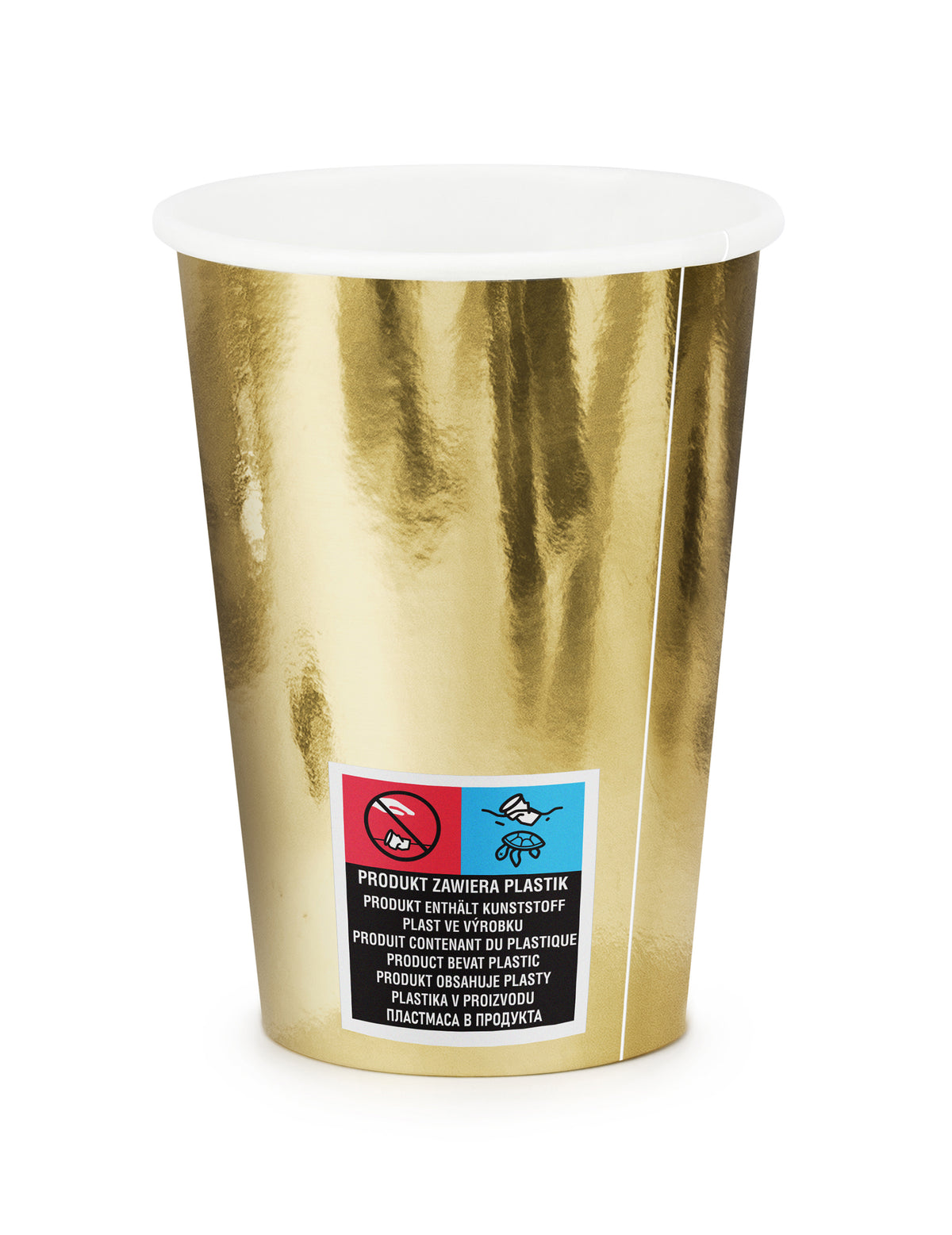 Détail du logo produit contenant du plastique des gobelets dorés pour fête