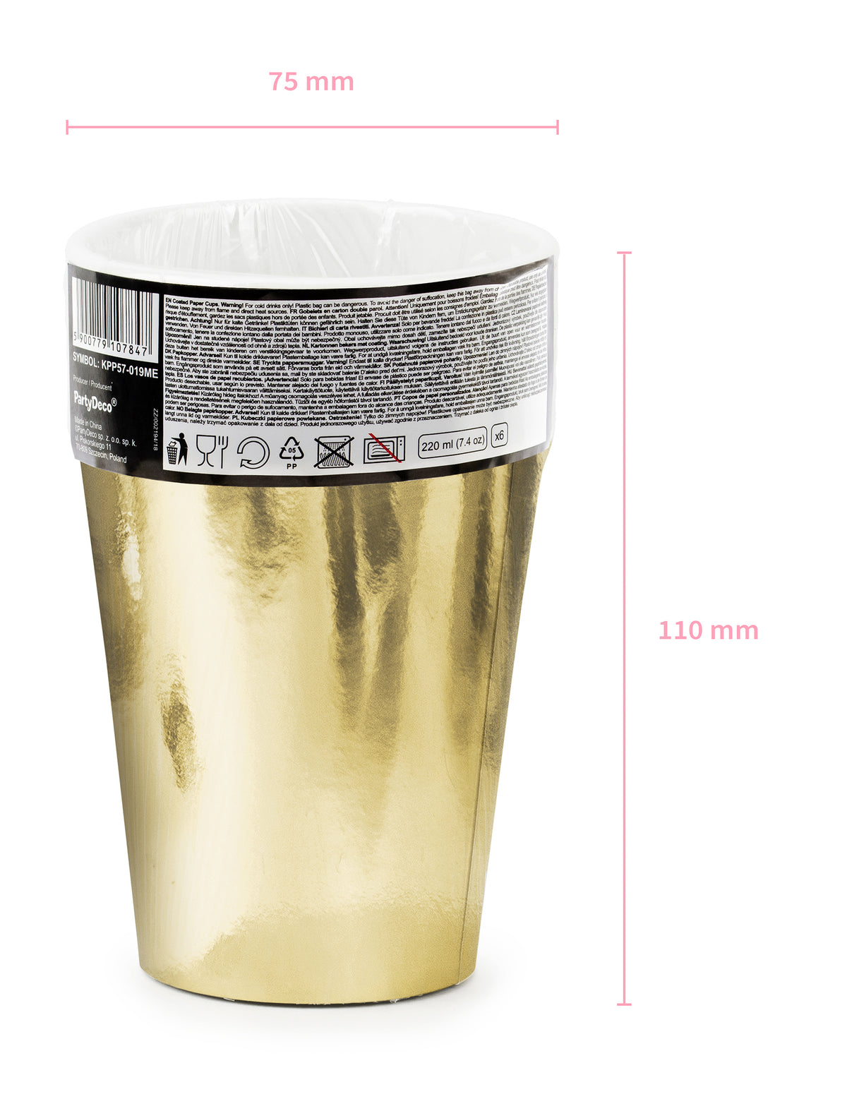 Dimensions des gobelets dorés pour fête