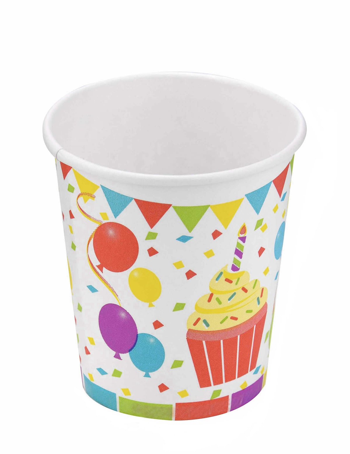 Papírový kelímek, balónky k narozeninám a cupcake na narozeniny vícebarevné