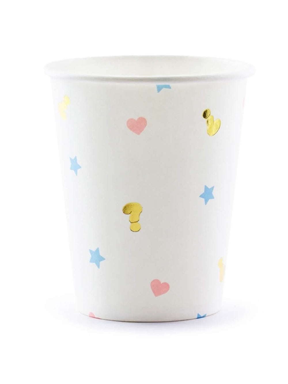 Papírové kelímky boy or girl na baby shower bílé s růžovými srdíčky, modrými hvězdičkami a zlatámi otazníky