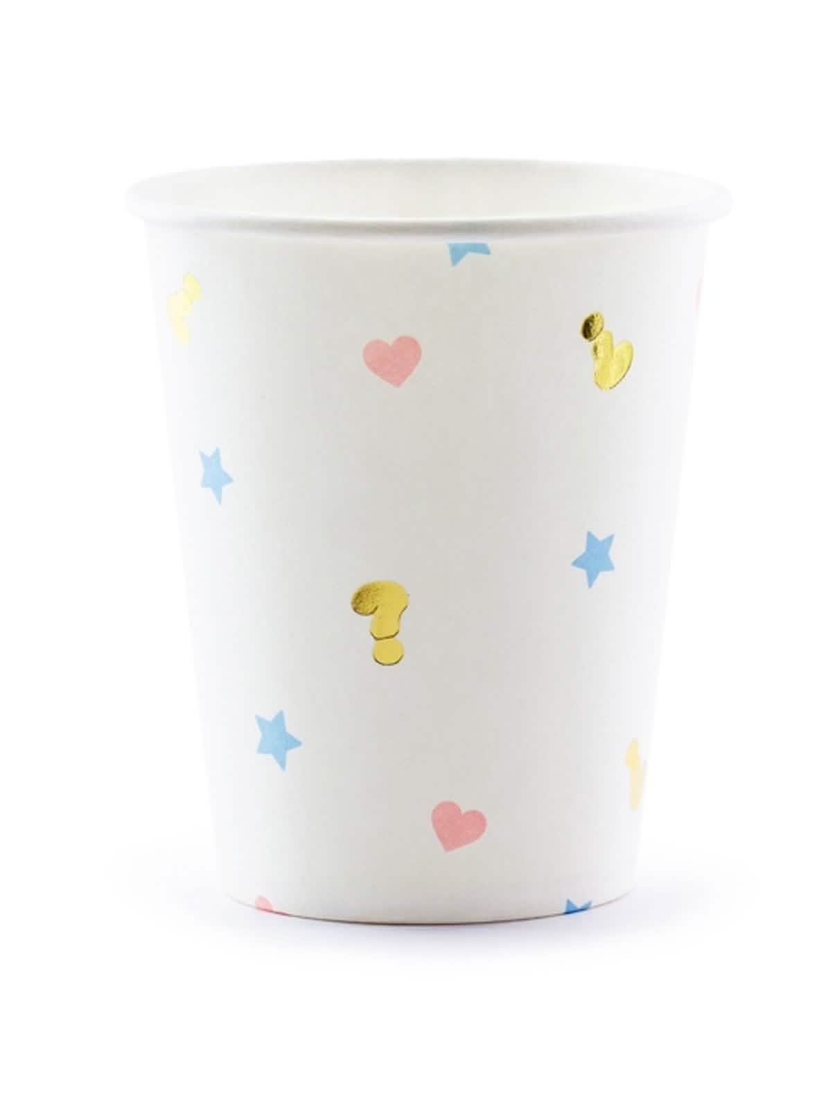Papírové kelímky boy or girl na baby shower bílé s růžovými srdíčky, modrými hvězdičkami a zlatámi otazníky