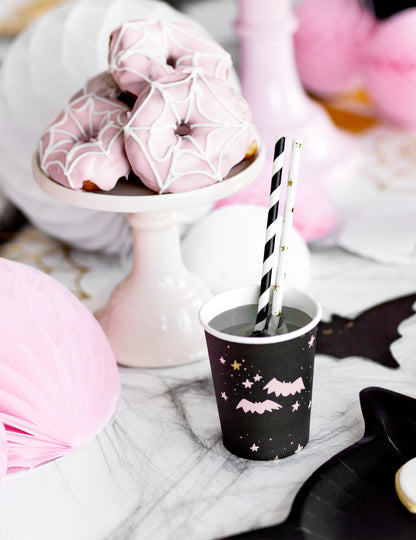 6 roztomilých růžových a černých halloweenských papírových kelímků 220 ml