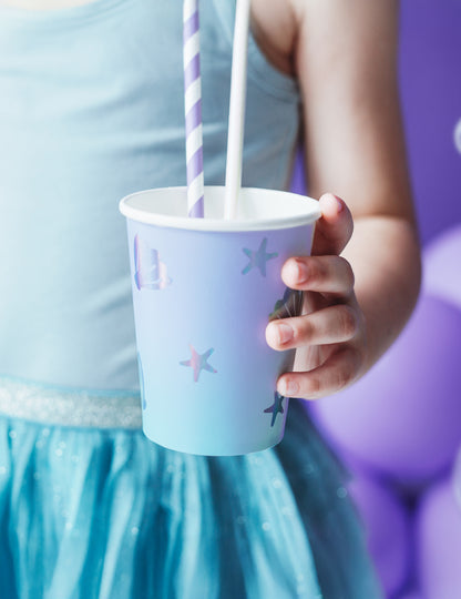 6 kartonových kelímků modrý mořský jednorožec 220 ml duhové barvy
