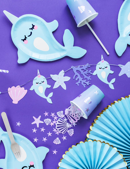 6 kartonových kelímků modrý mořský jednorožec 220 ml duhové barvy