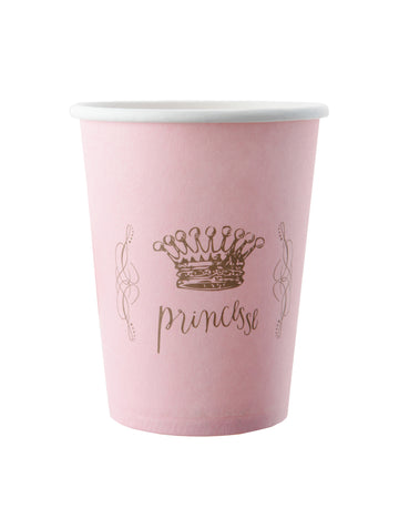 Gobelets en carton princesse pour anniversaire rose avec motif de couronne