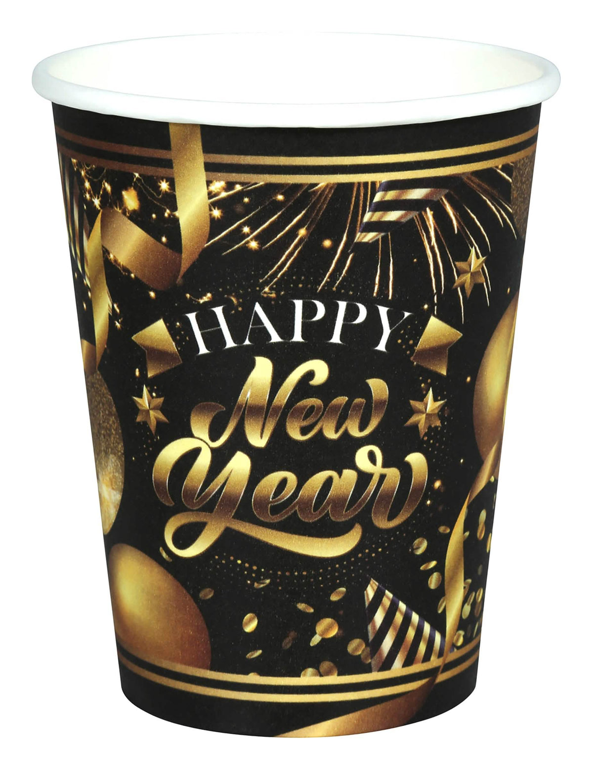 Gobelets en carton Happy New Year pour fête noir et or