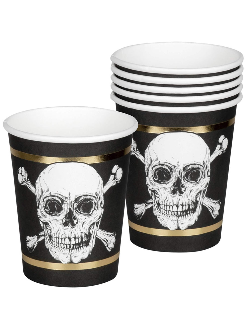Pohled zepředu na kartonový kelímek Pirate Jolly Roger