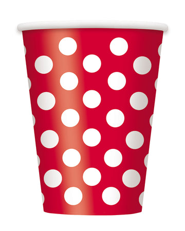 6 červených hrnečků s bílými puntíky 354 ml