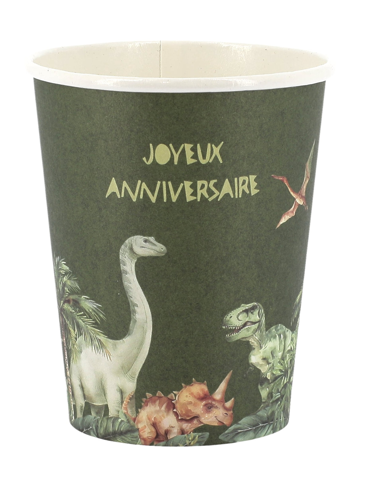 Gobelets joyeux anniversaire dinosaures vert en carton thème jungle