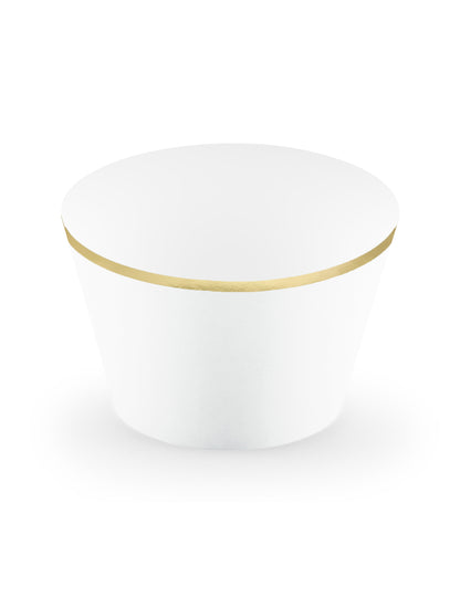 6 bílých a zlatých papírových obalů na košíčky pro svatby