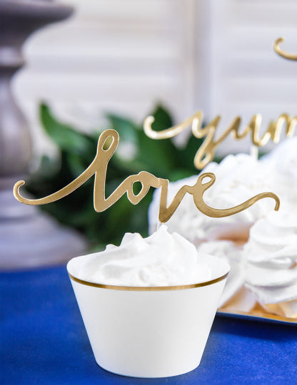 6 bílých a zlatých papírových obalů na košíčky pro svatby