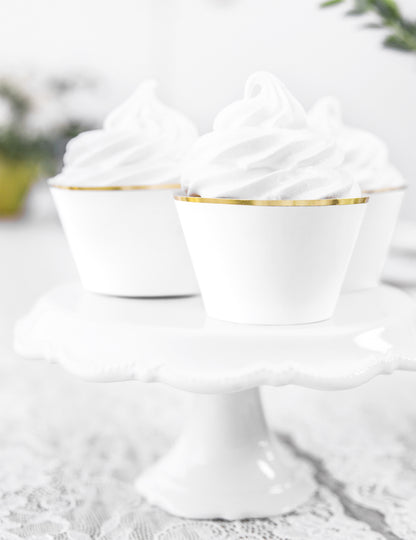 6 bílých a zlatých papírových obalů na košíčky pro svatby