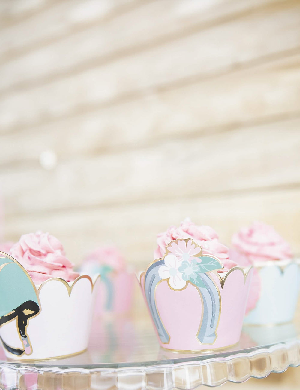 Detail na podkovový motiv potisků na cupcake kůň modrá a pastelově růžová