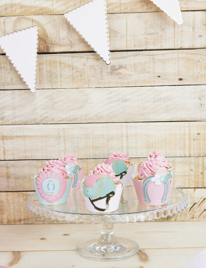 6 pastelových modrých a růžových obalů na formy na košíčky pro koně