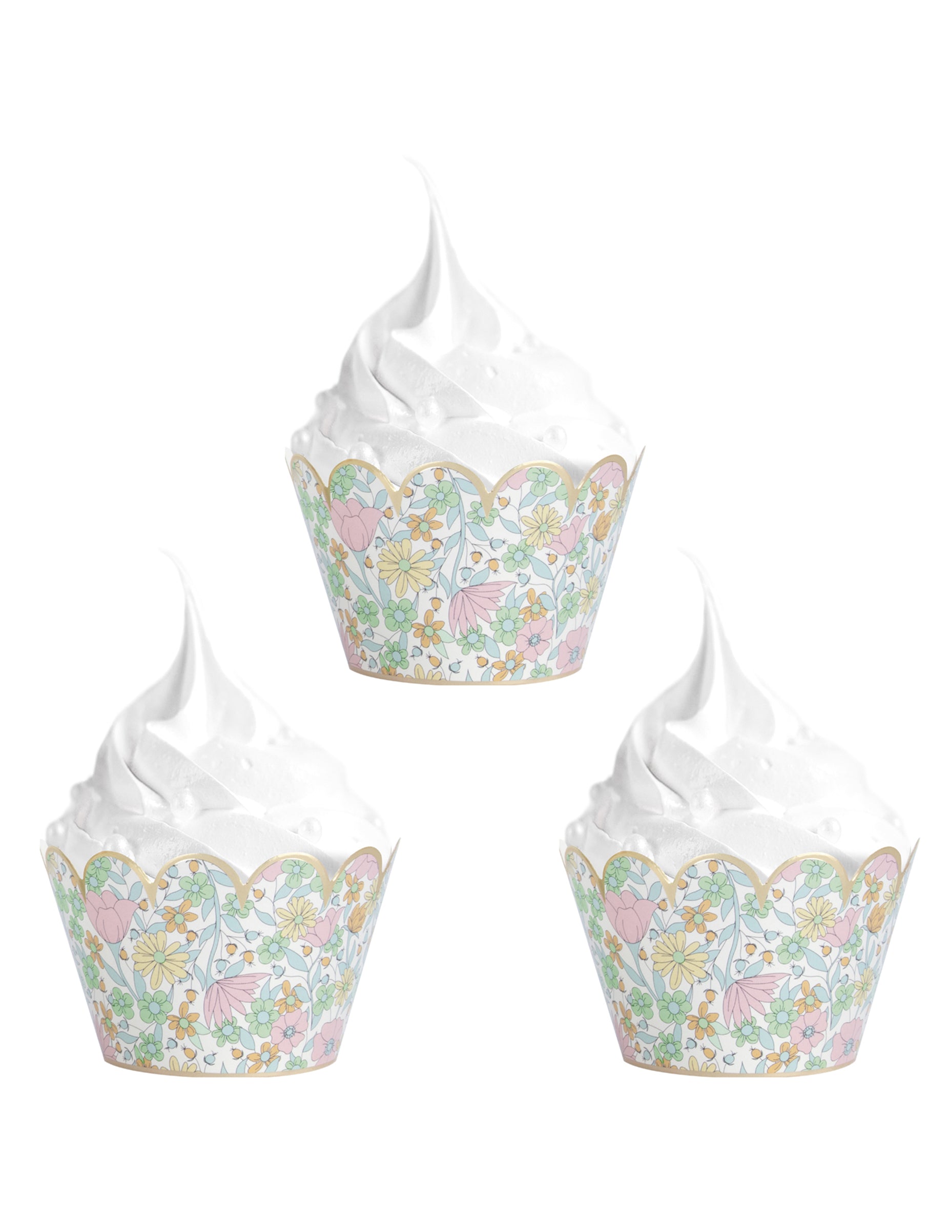 Vue d'ensemble de trois habillages moules à cupcake shabby à fleurs liberty