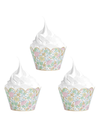 Vue d'ensemble de trois habillages moules à cupcake shabby à fleurs liberty