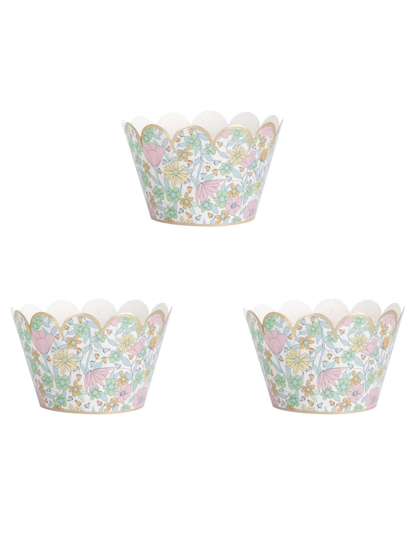 Habillages moules à cupcake shabby à fleurs liberty multicolore pastel avec bordure dorée
