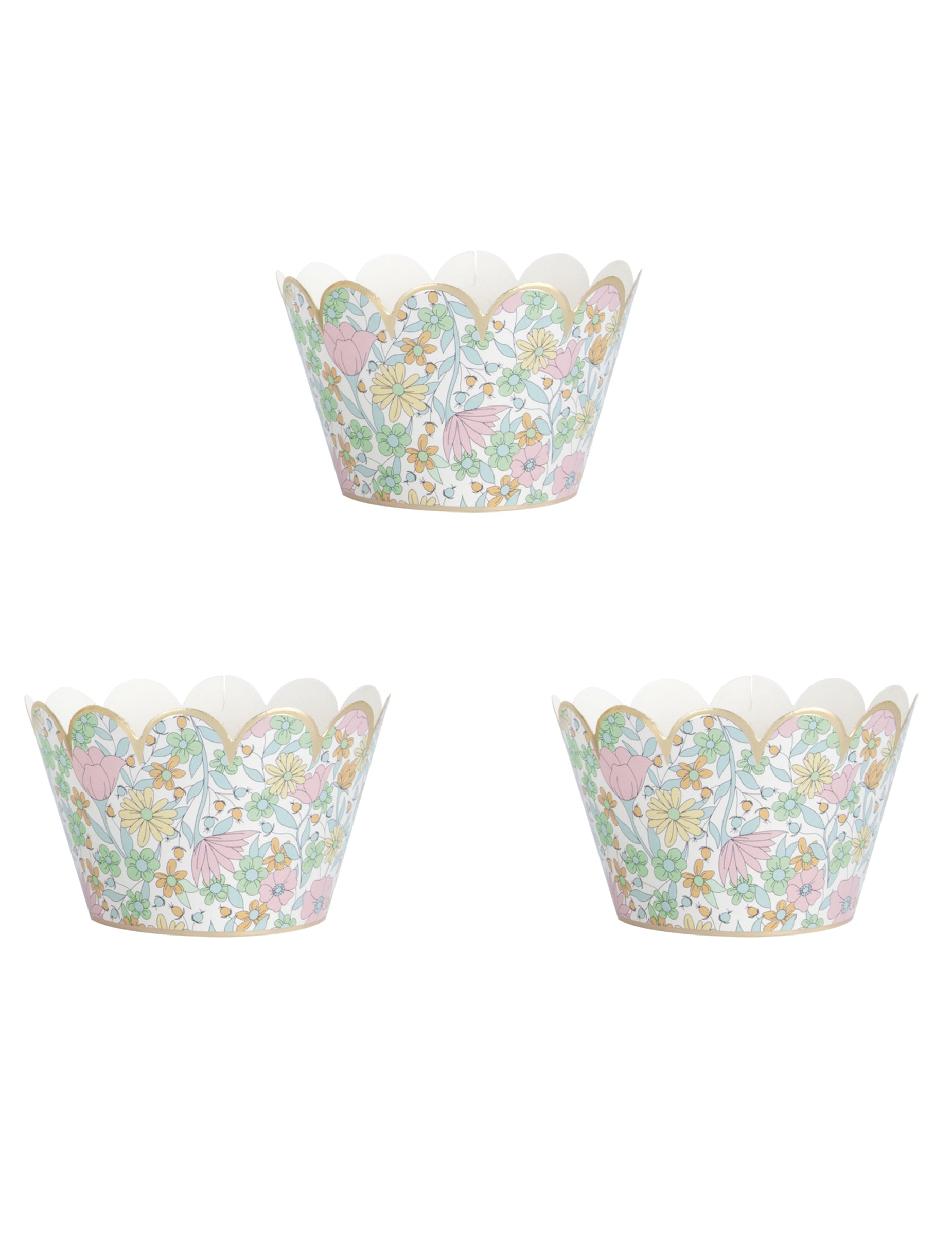 Habillages moules à cupcake shabby à fleurs liberty multicolore pastel avec bordure dorée