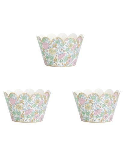 Habillages moules à cupcake shabby à fleurs liberty multicolore pastel avec bordure dorée